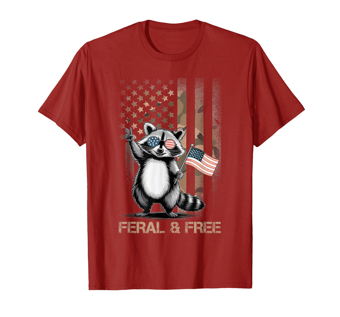 Feral & Free Camo American Flag Patriotic Racoon 4th Of July T-Shirt