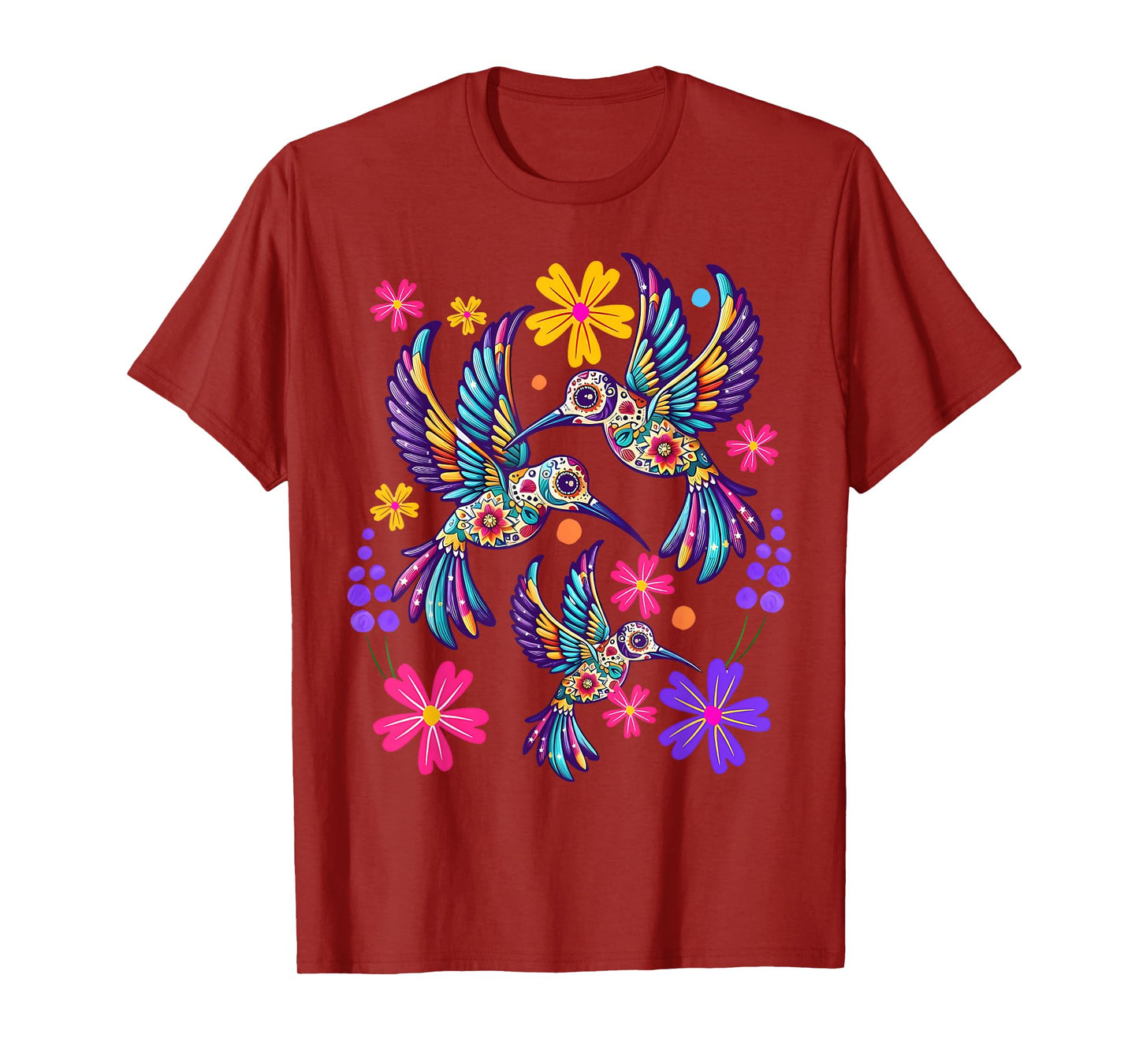 Hummingbird Colorful Mexican Flowers Bird Floral Nature T-Shirt