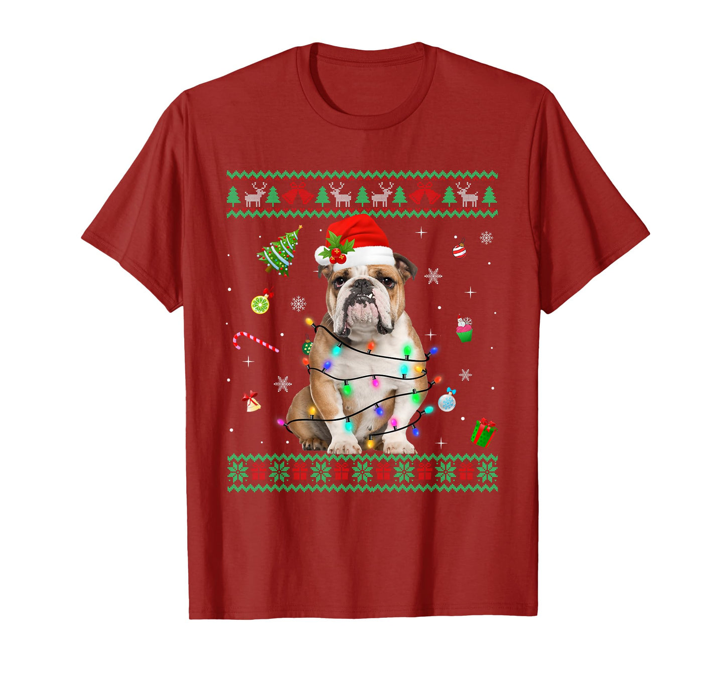 Ugly Sweater English Bulldog Dog Christmas Lights Santa Hat T-Shirt for Men Women Kids