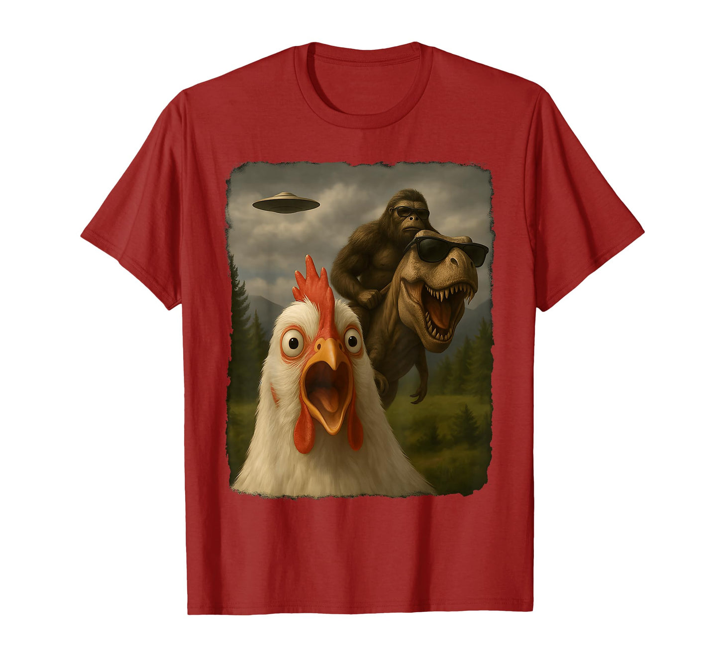 Funny Chicken Selfie Bigfoot Sasquatch Riding T-Rex UFO T-Shirt