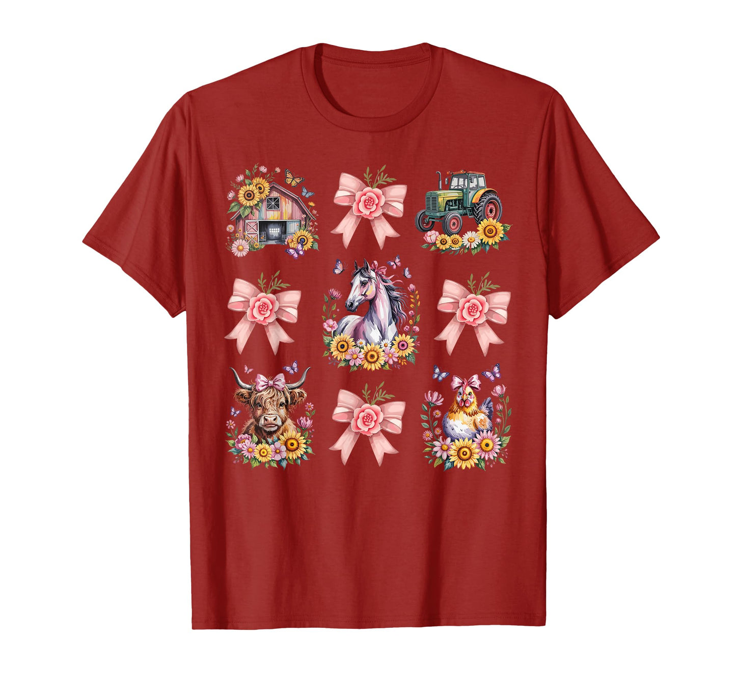 Animals Cow Chicken Horse Tractor Flower Farm Women T-Shirt