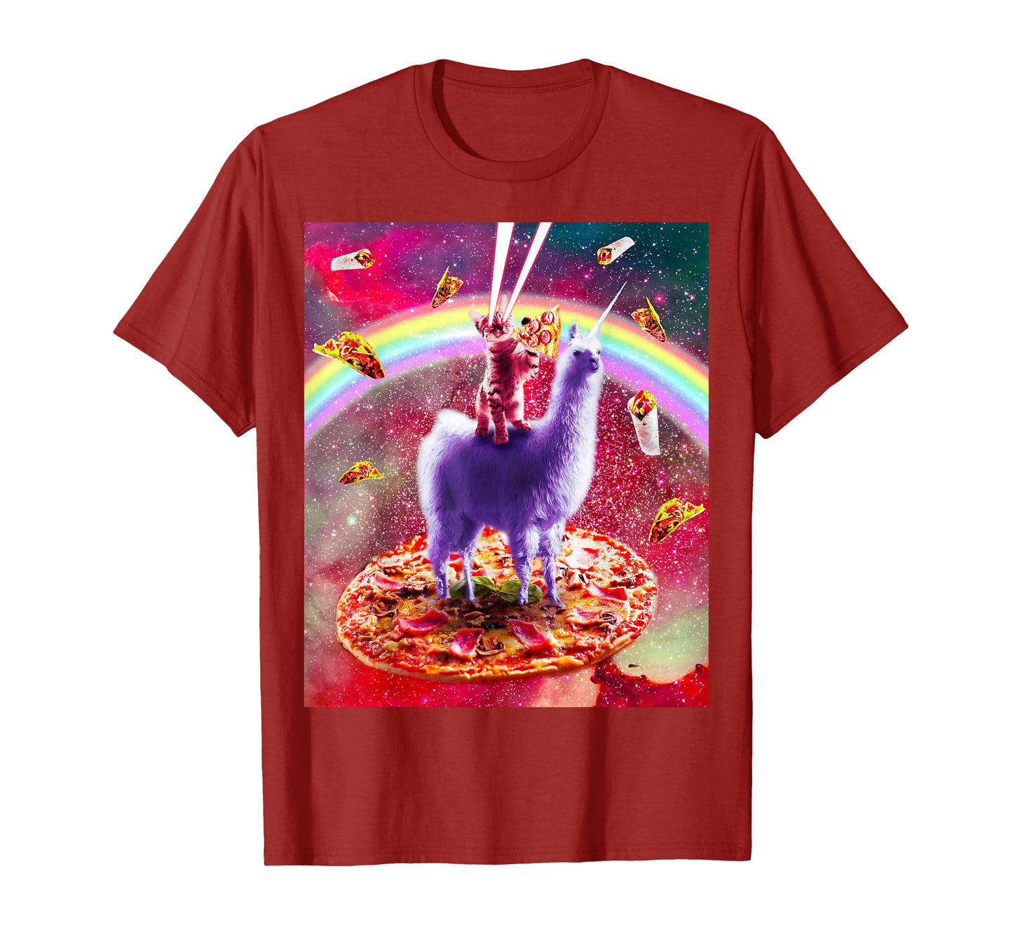 Laser Eyes Outer Space Cat Riding On Llama Unicorn T-Shirt
