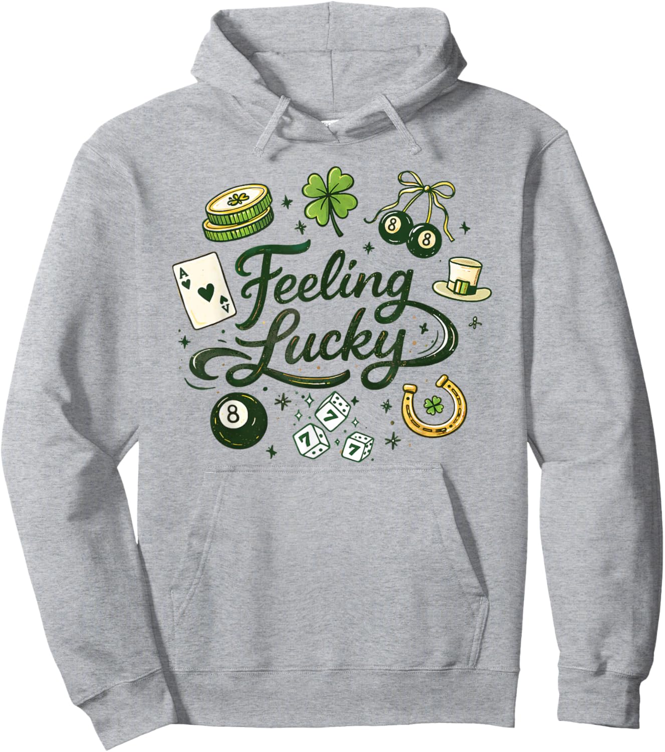 Feeling Lucky Green Clover Horseshoe Dice Lucky Charms T-Shirt Hoodie - Hoodie | Ash