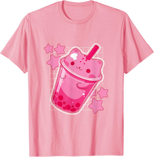 Kawaii Cat Boba Tea Funny Japanese Cat Pink Graphic T-Shirt