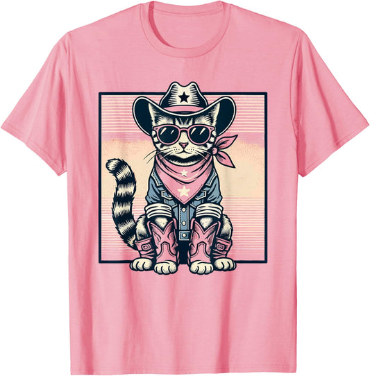 Pink Cowboy Cat Country Western Cottagecore Pink Cowgirl T-Shirt