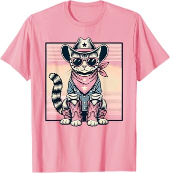 Pink Cowboy Cat Country Western Cottagecore Pink Cowgirl T-Shirt