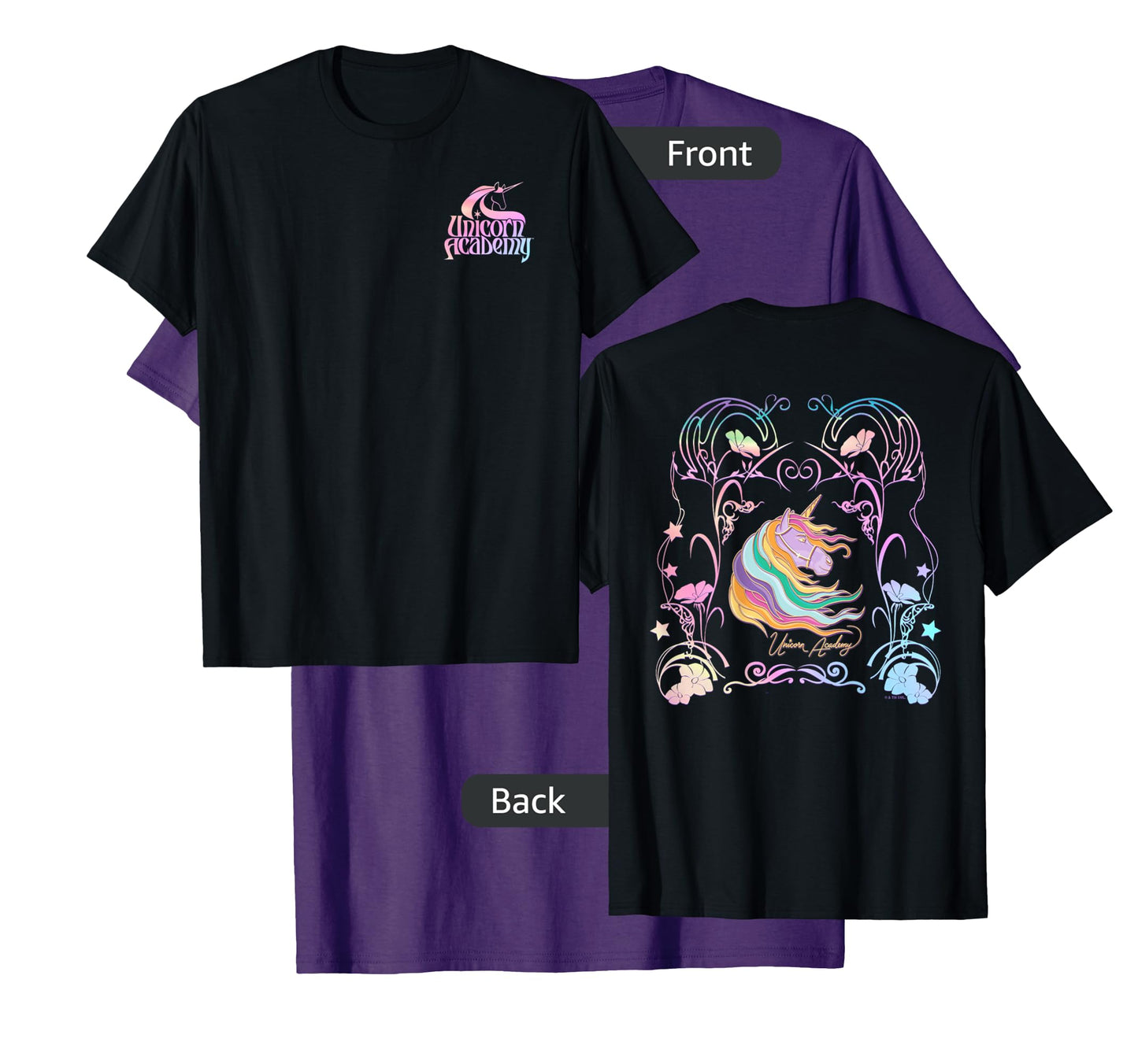 Unicorn Academy Enchanting Graphic Logo Front and Back Print T-Shirt