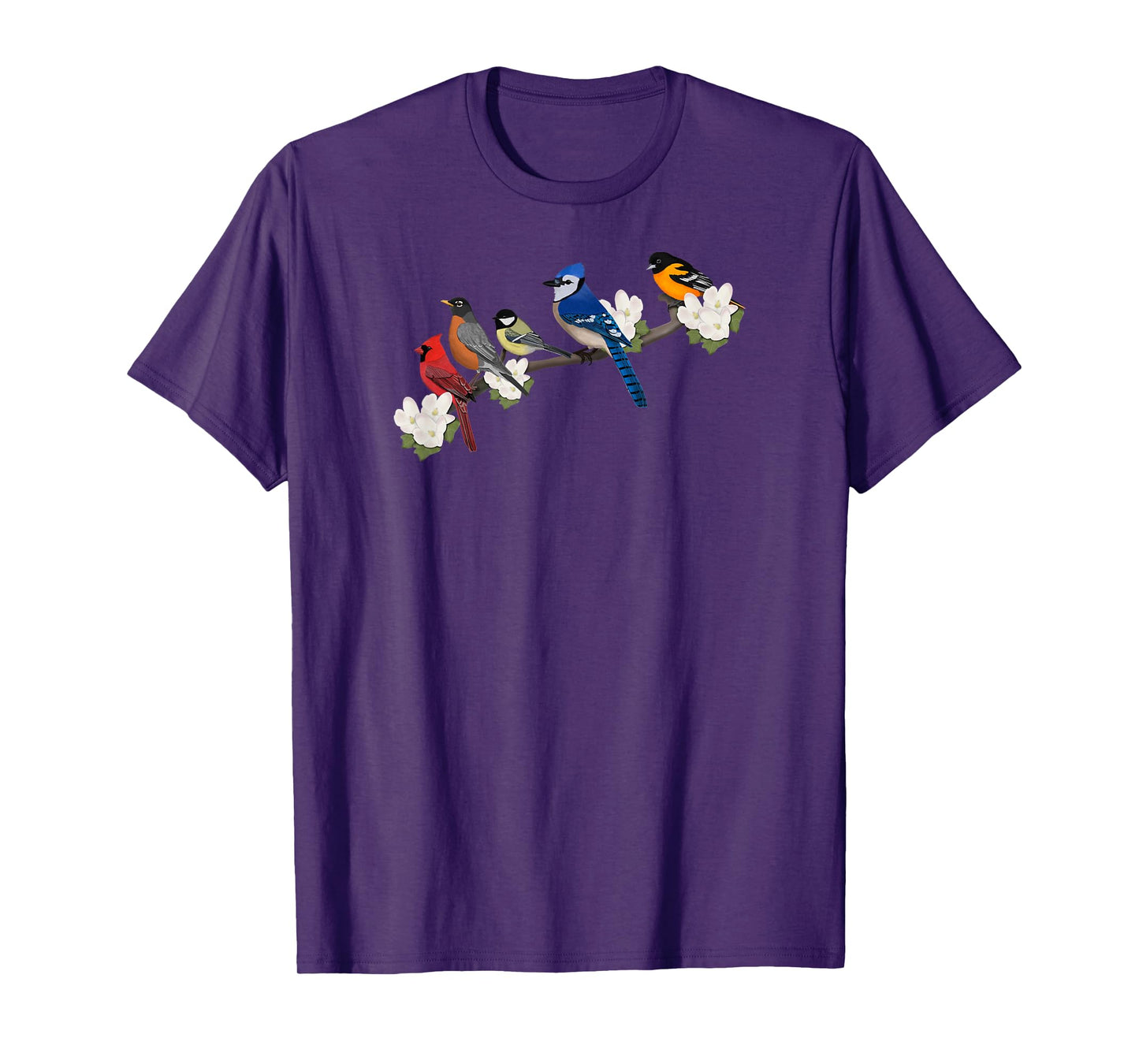 Birds on a Branch Blue Jay Cardinal Robin Bird Watching T-Shirt