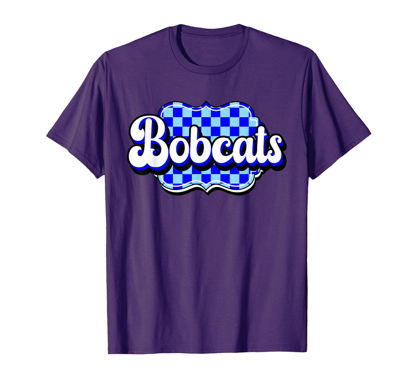 Blue Bobcats Checkered Print Blue Bobcat Pride School Spirit T-Shirt