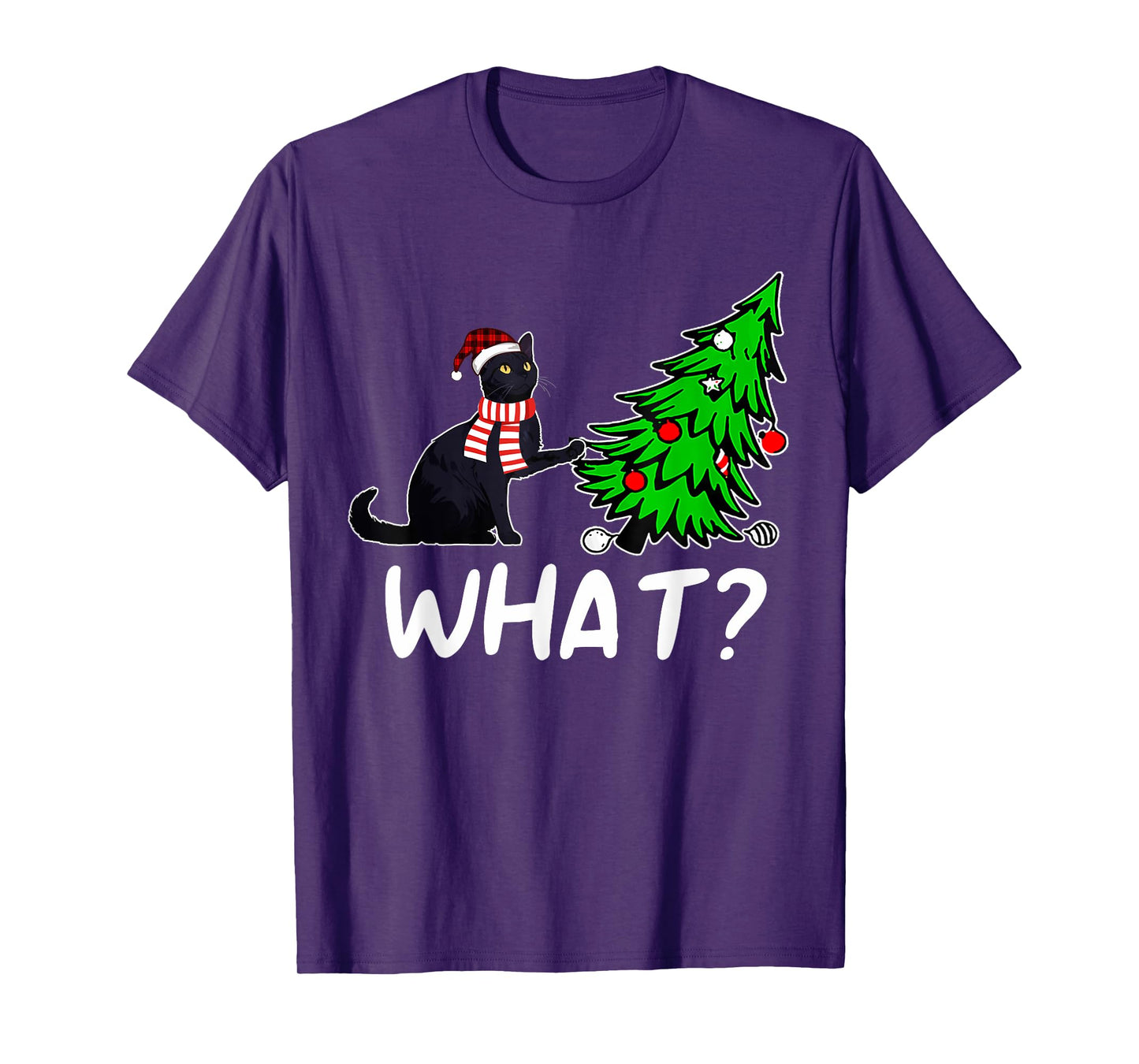 Funny Black Cat Gift Pushing Christmas Tree Over Cat What? T-Shirt