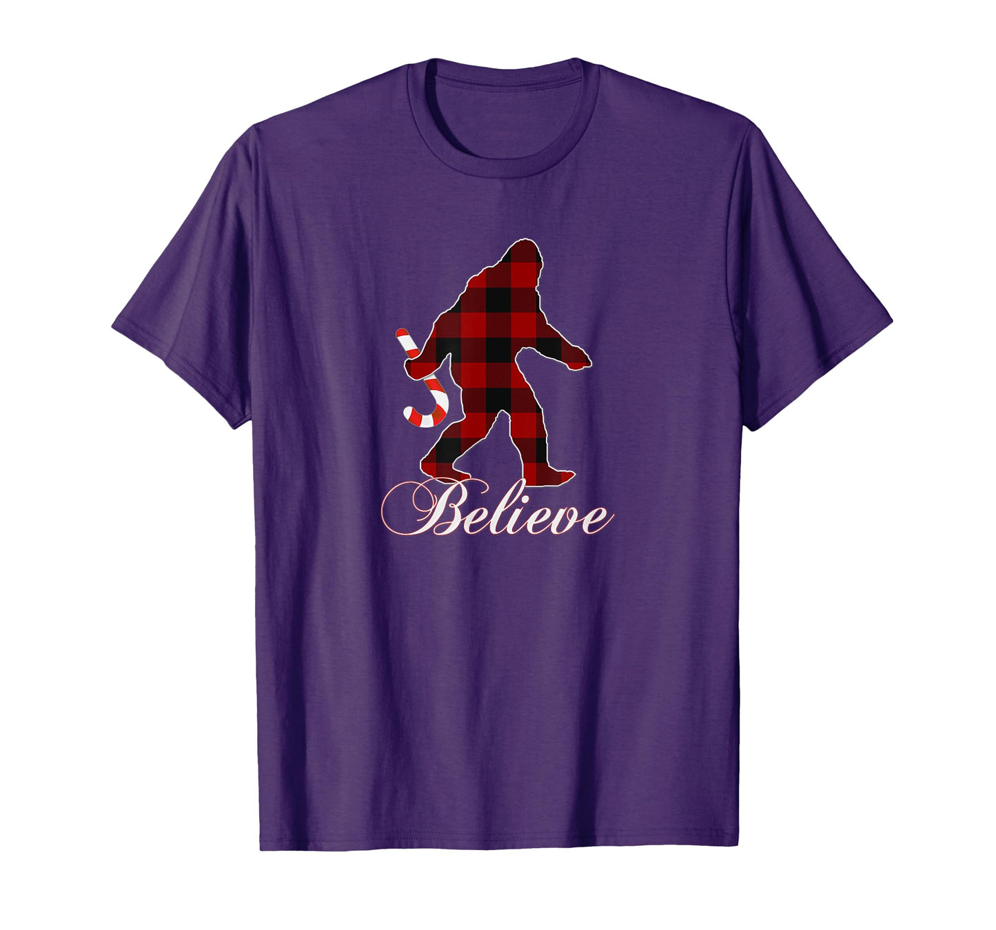 Bigfoot Buffalo Plaid Believe Candy Cane Christmas Pajamas T-Shirt