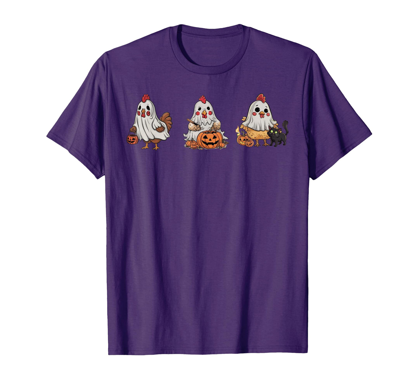 Chickens In Ghost Costume Pumpkin Black Cat Halloween T-Shirt for Men Women Kids