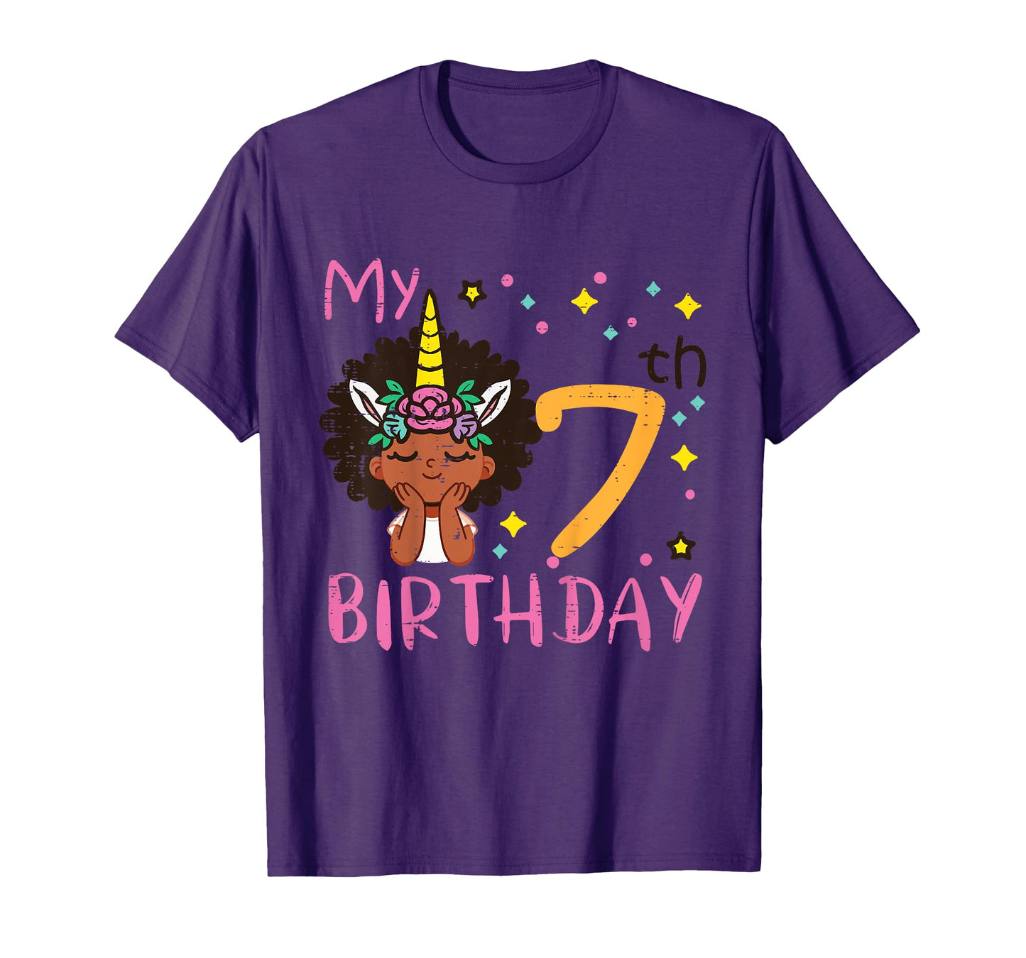 7th Birthday Afro Black Girl Unicorn 7 Year Old Bday Girls T-Shirt