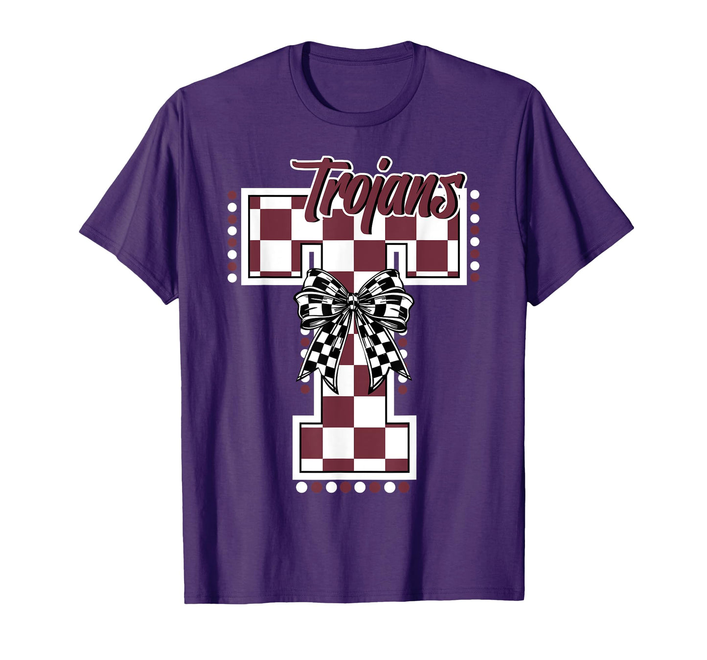 Trojans Checkered Print Trojan Letter Maroon Trojans T-Shirt