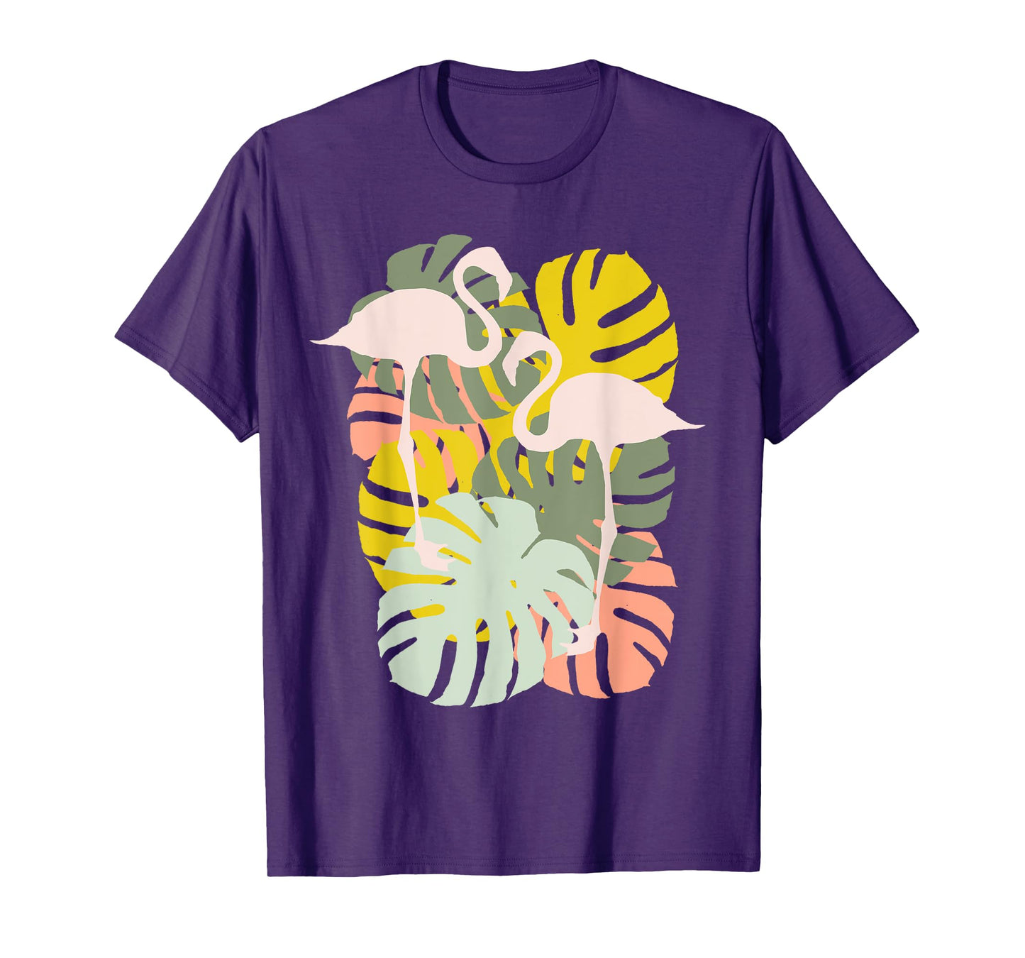 Monstera Leaves And Flamingo Art T-Shirt