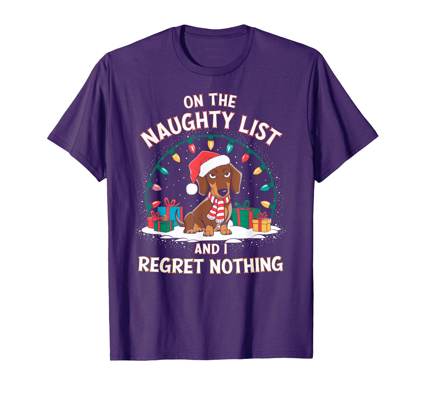 Funny Christmas New Year Xmas Party Christmas Eve Dachshund Christmas T-Shirt - On the Naughty List and I Regret Nothing - Black, Small, Short Sleeve, Unisex-Adult, T-Shirt