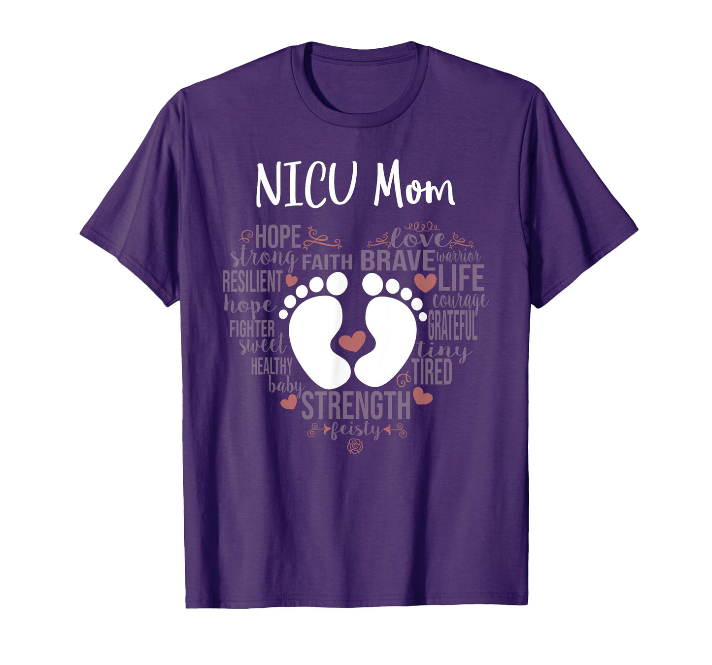 Angry Owl Apparel for Preemie Moms 'NICU Mom' Unisex Black Small Classic Fit Short Sleeve T-Shirt with Heart-Shaped Word Cloud Design for Mothers of Premature/NICU Babies
