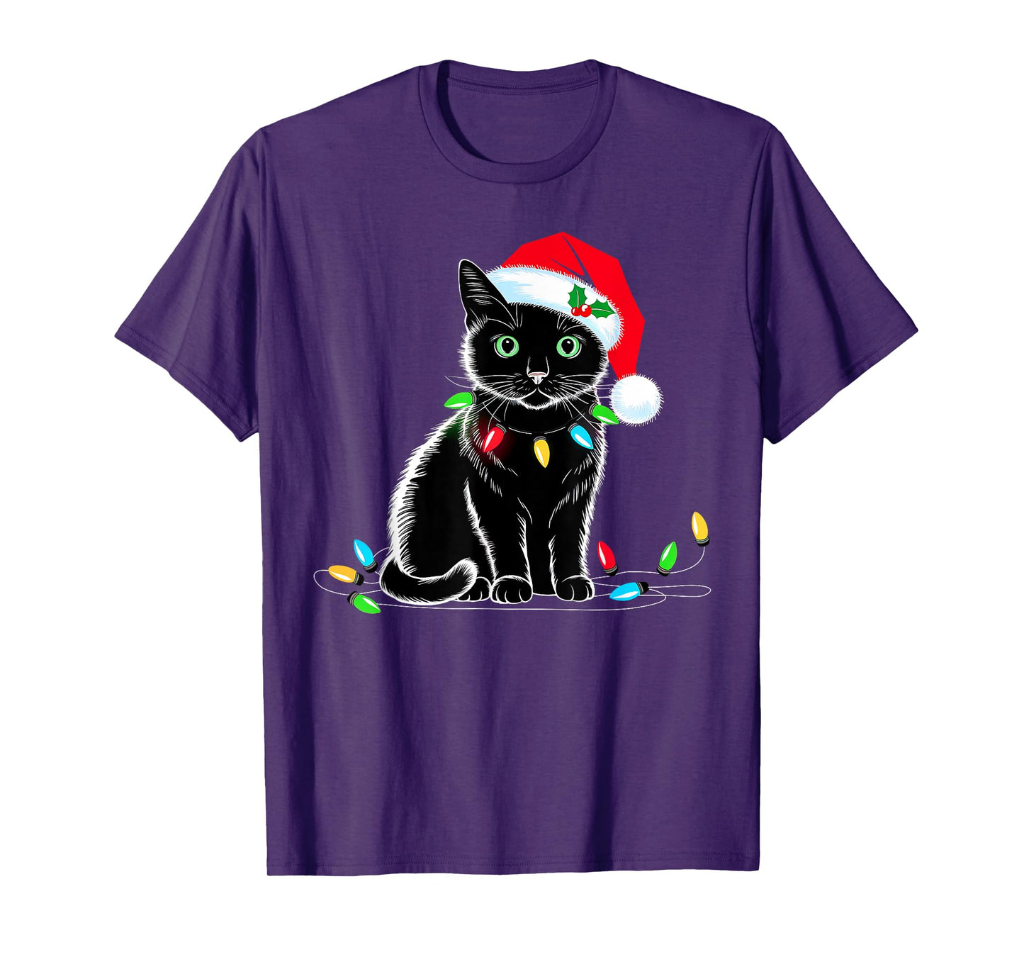 Black Cat Christmas Lights Santa Hat Funny Xmas Cat Lover Men Women Kids T-Shirt