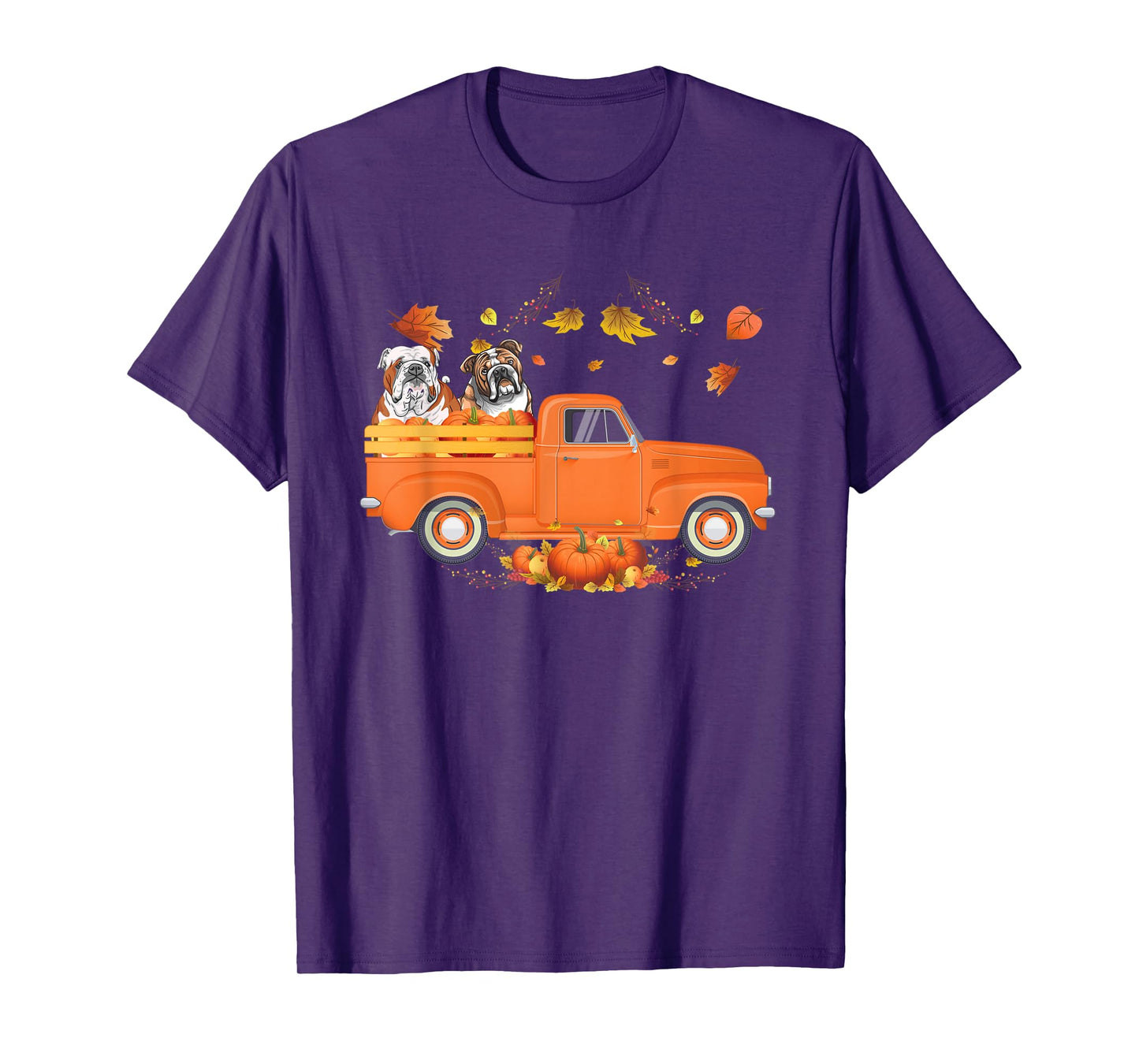 Bulldog Pumpkin Truck Fall Leaf Thanksgiving Halloween Men Women Kids T-Shirt