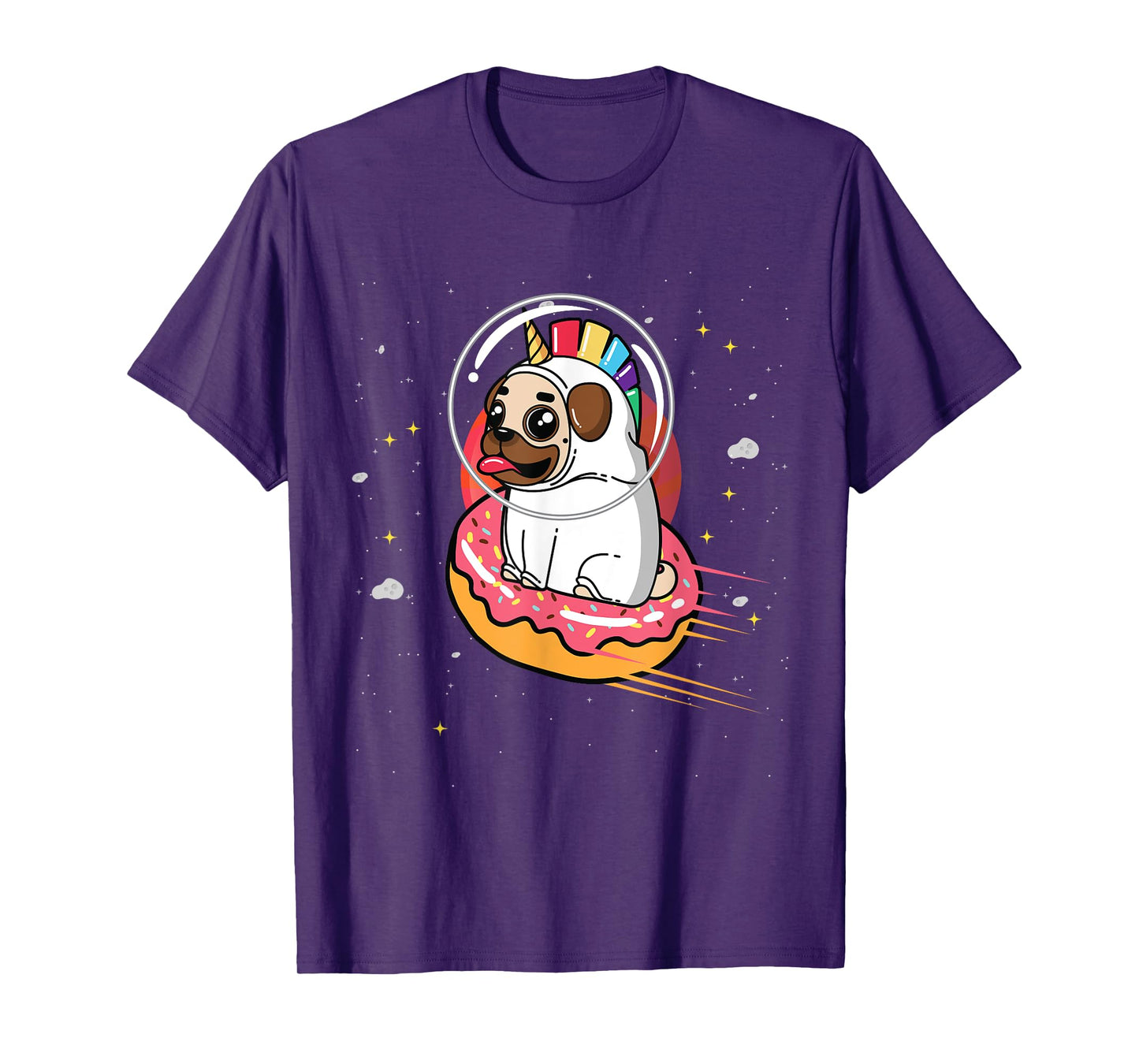 Pug in Rainbow Unicorn Costume riding Donut in Space T-Shirt