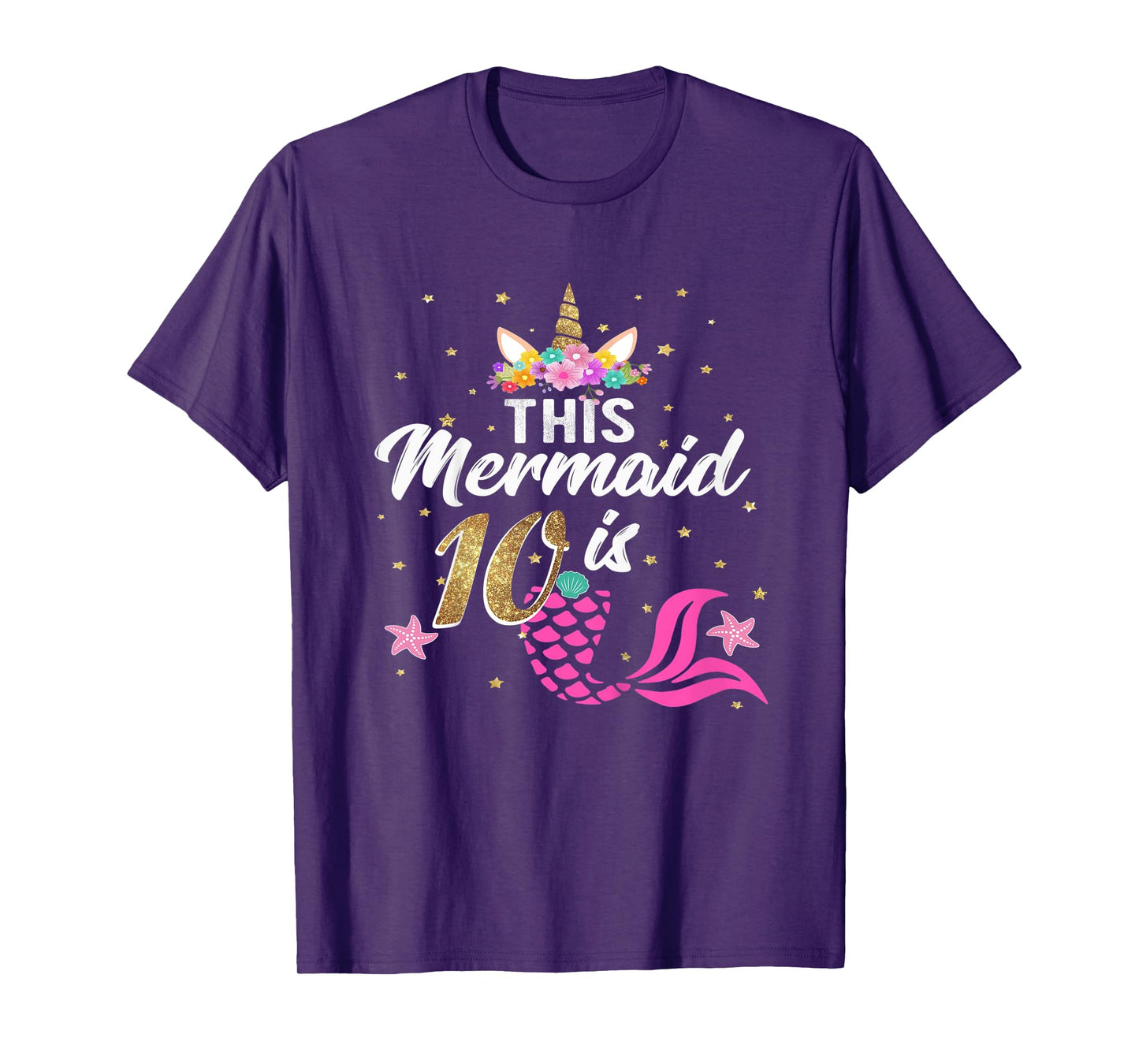 Kids 10th Birthday Girl Unicorn Shirt Mermaid Tail 10 Years Old T-Shirt