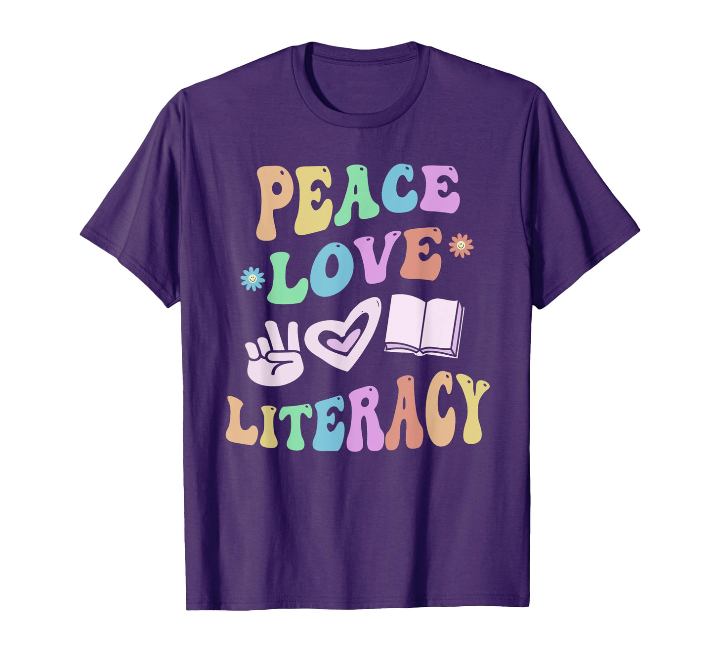 Groovy PEACE LOVE LITERACY Rocks Reading Squad Teacher Kids T-Shirt