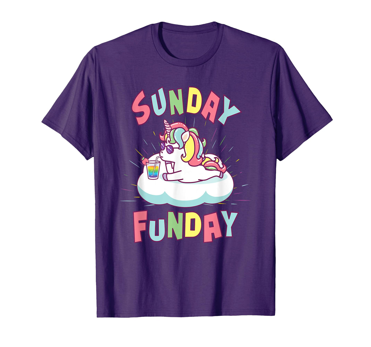 Sunday Funday Shirts Women Cute Unicorn Drinking Rainbow T-Shirt