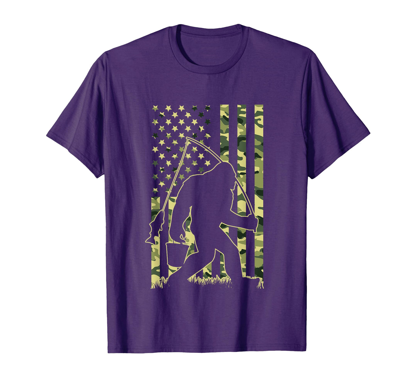 Bigfoot Fishing with Camo American Flag Funny Fisherman T-Shirt