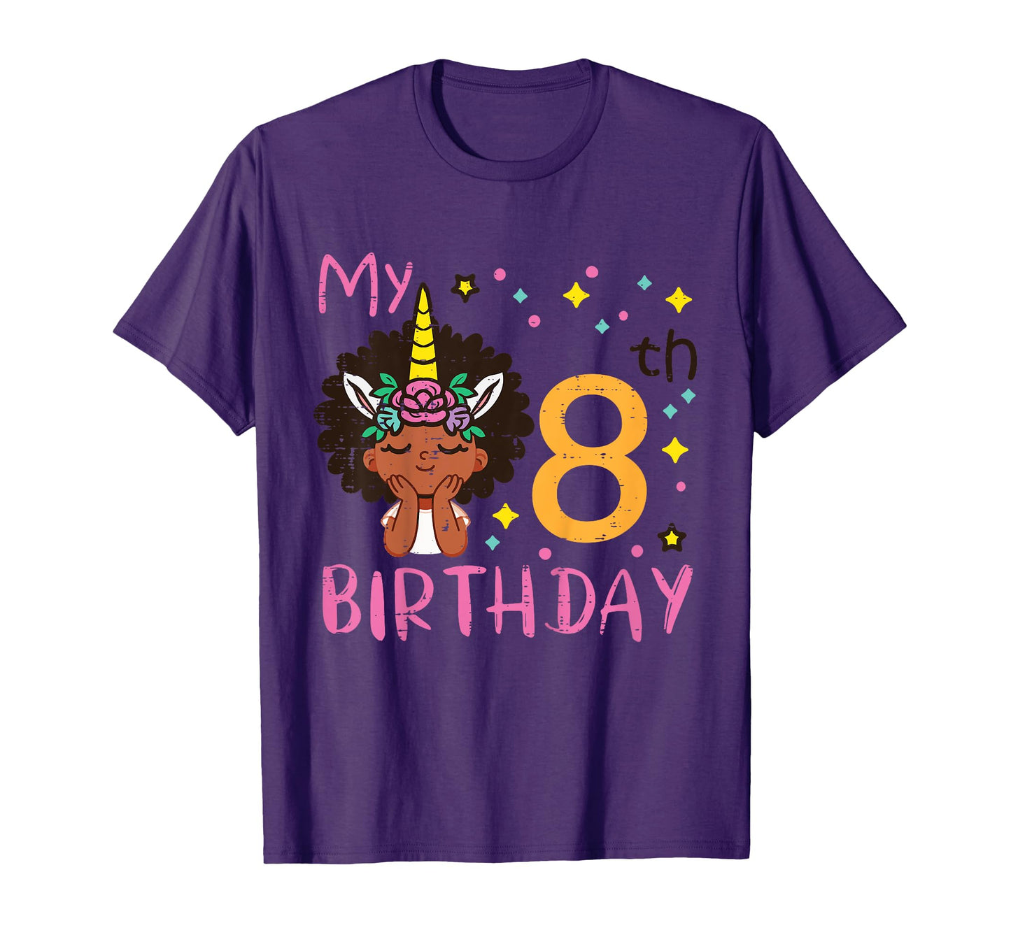 8th Birthday Afro Black Girl Unicorn 8 Year Old Bday Girls T-Shirt