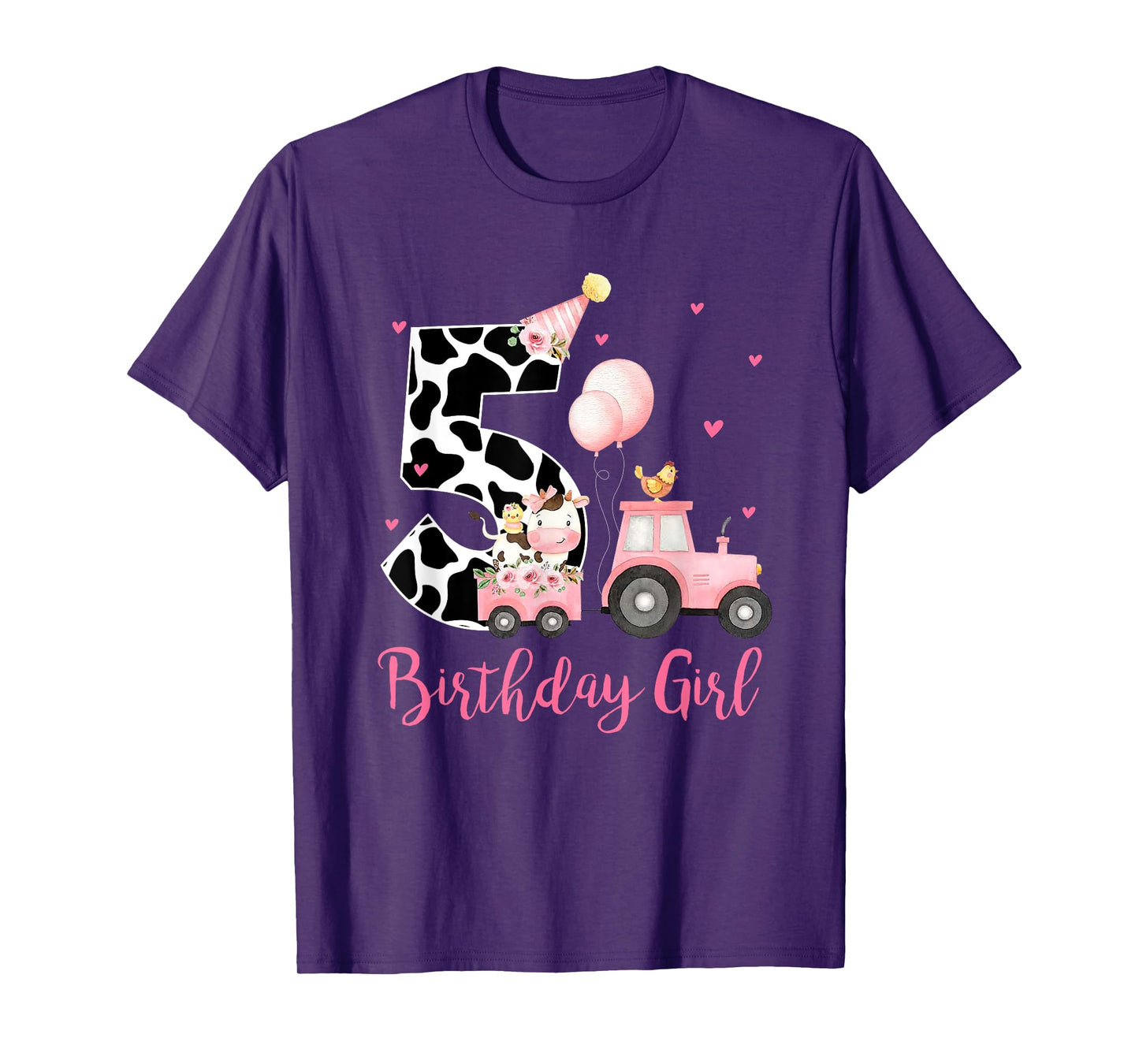 5th Birthday Outfit Girl 5 Year Old Farm Cow Chick Tractor T-Shirt
