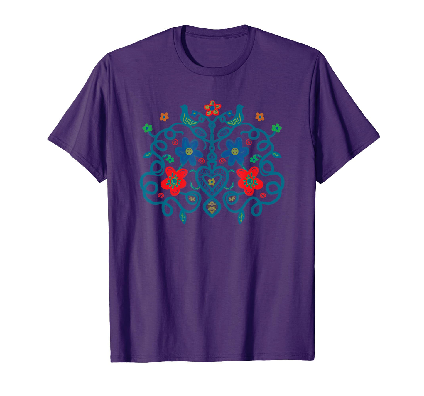Swedish Folk Art Style Painting Birds Vines Flowers Hearts T-Shirt