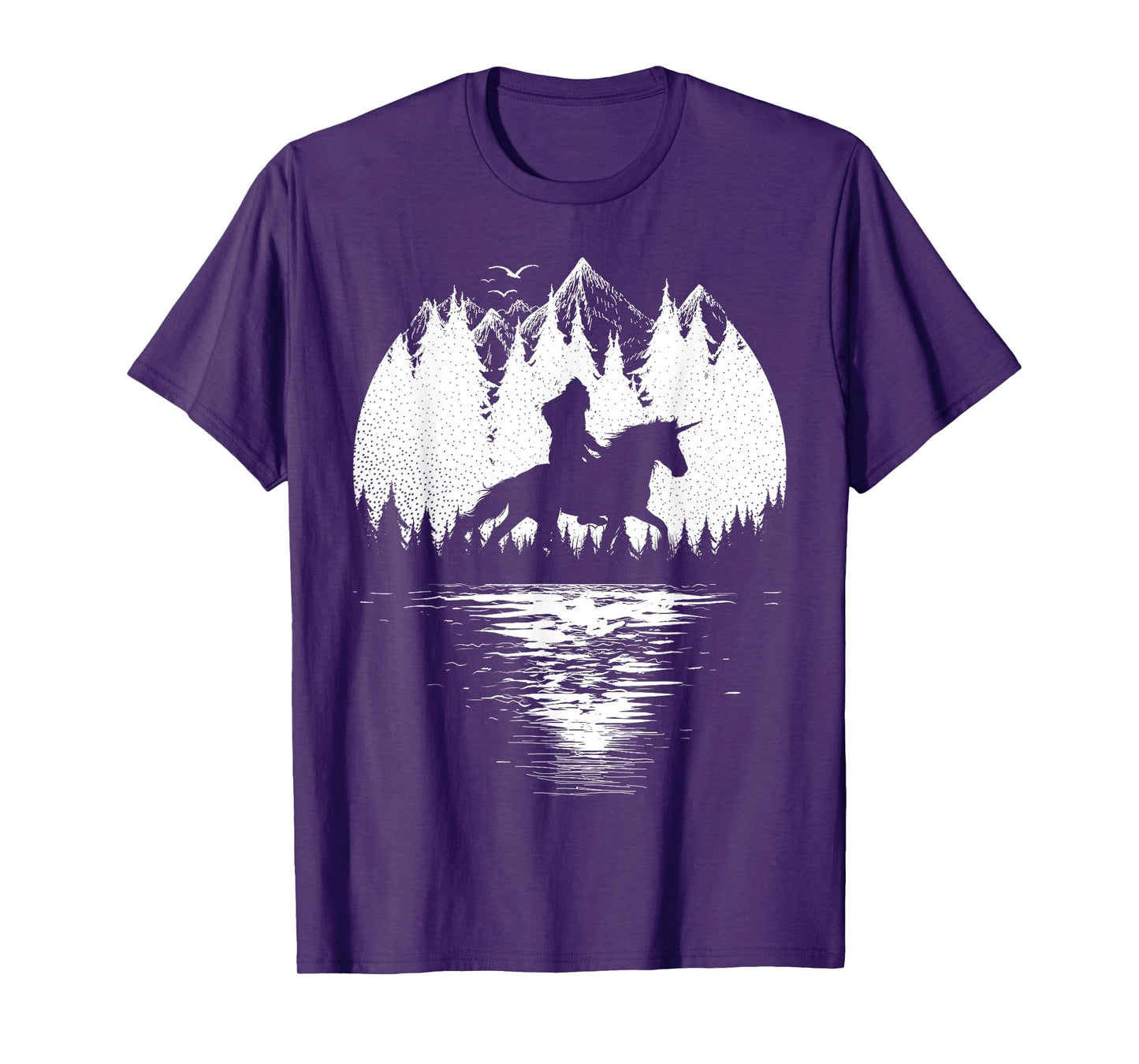 Bigfoot Riding Unicorn amidst Trees! Funny Sasquatch Unicorn T-Shirt