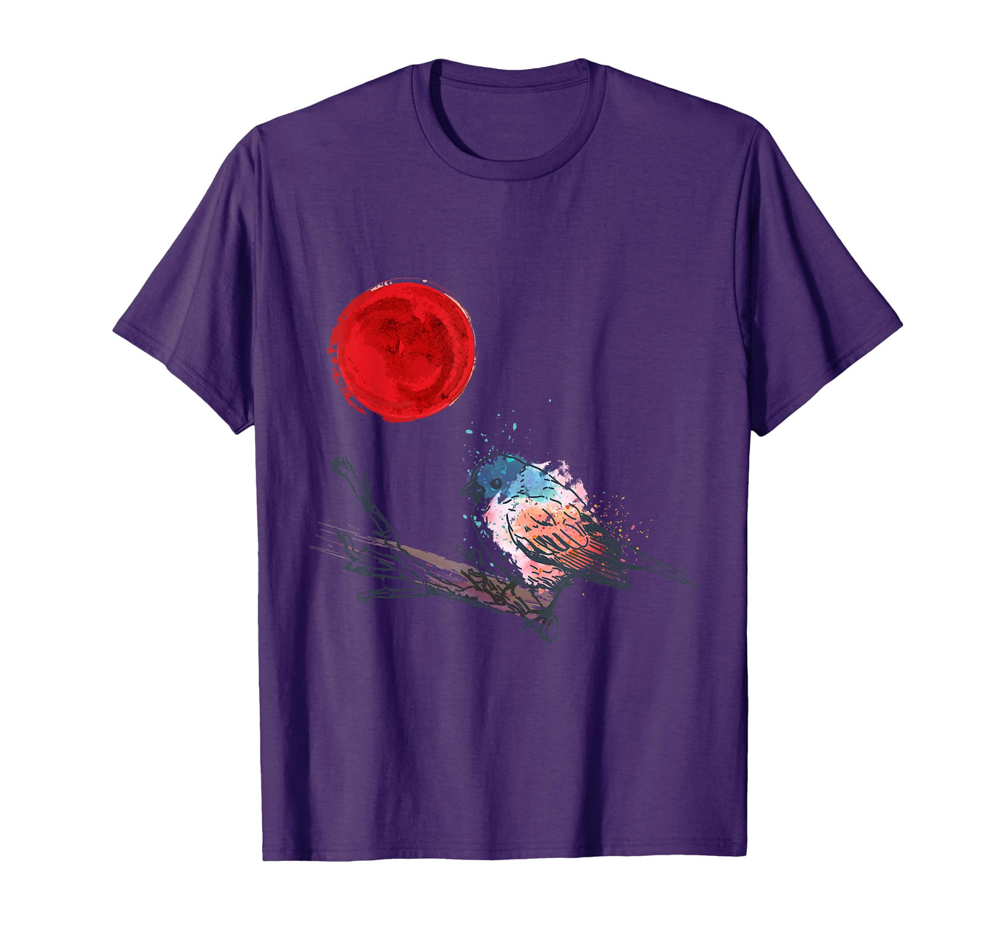 Murakami Birding Retro Colorful Bird Matching Red Moon Style T-Shirt