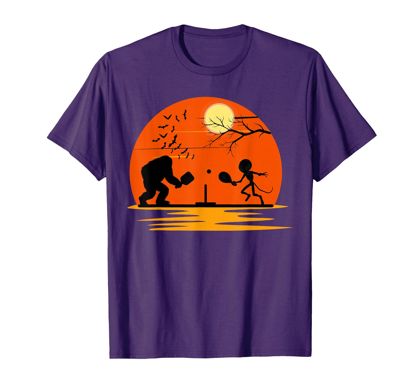 Bigfoot and Alien Playing Pickleball Halloween Sunset T-Shirt