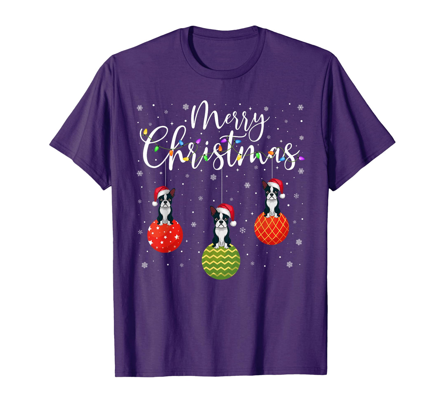 Merry Christmas Lights Santa Hat Boston Terrier Ugly Xmas T-Shirt