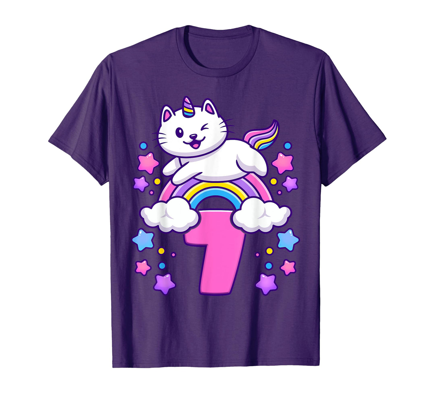 Birthday girl 7 years old, cat, unicorn, 7th birthday T-Shirt