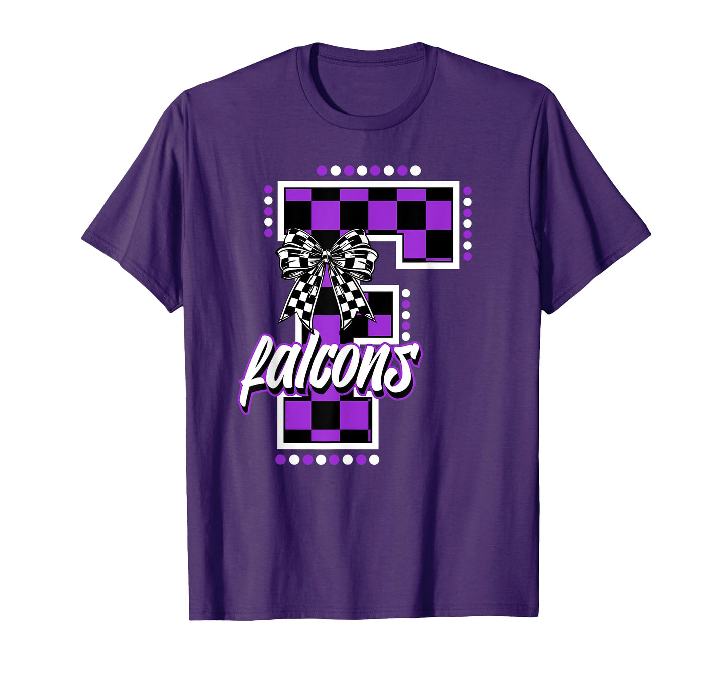 Falcons Checkered Letter School Spirit Mascot Purple Bow T-Shirt