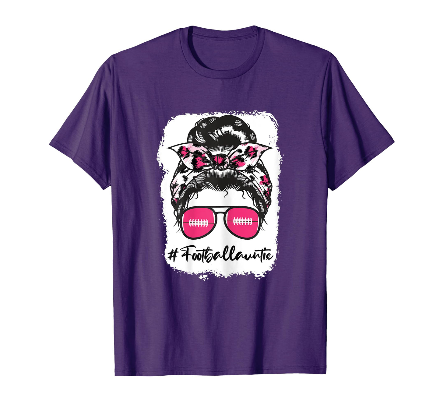 Bleached Football Auntie Pink Leopard Print Messy Bun T-Shirt