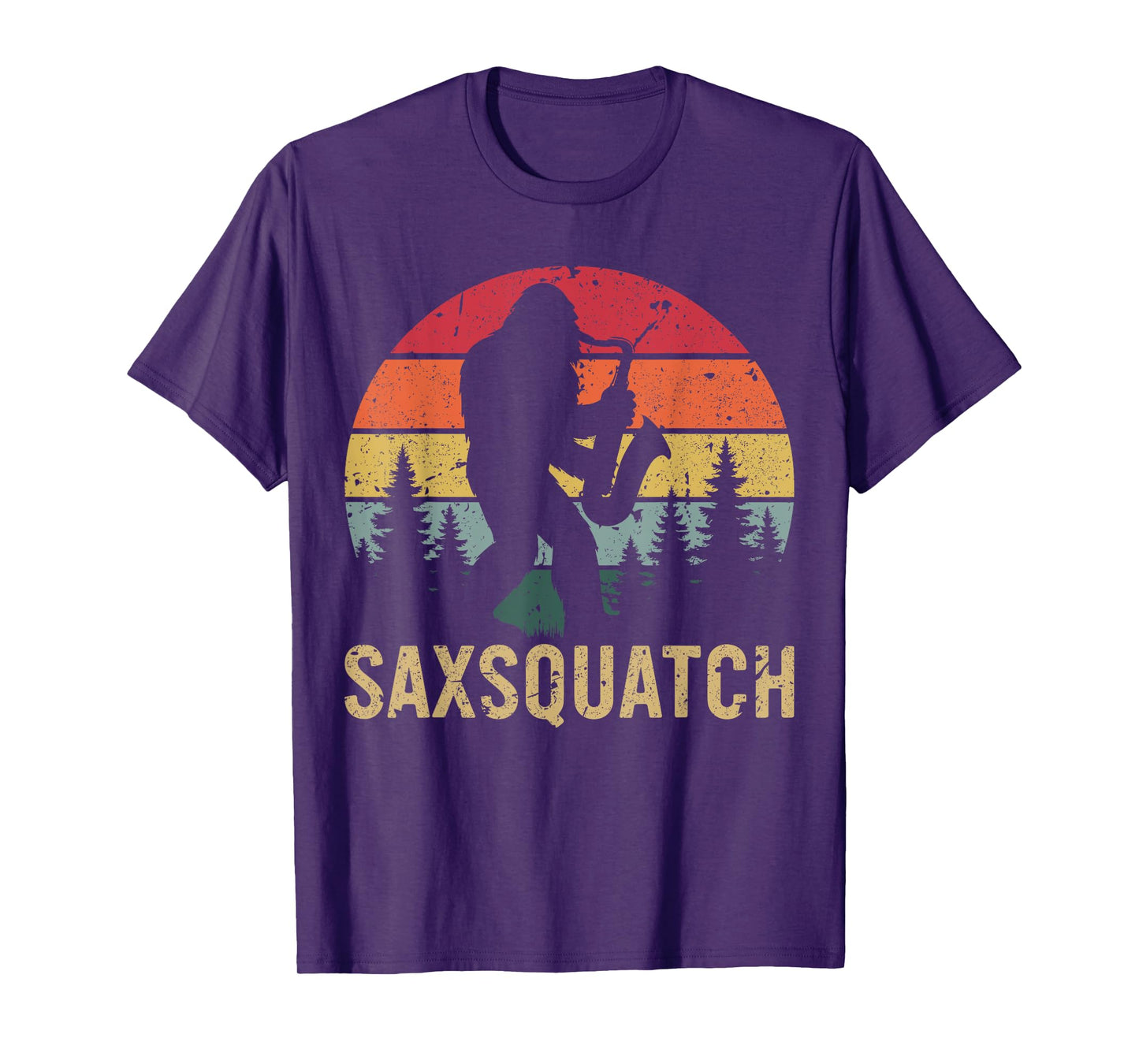 SaxSquatch Retro Sunset Yeti Bigfoot Saxophone Music Forest T-Shirt