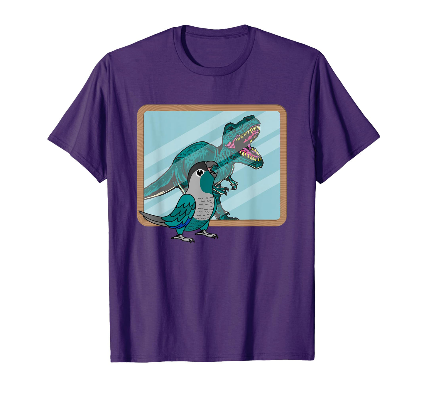 Funny Birds Gifts for Birders and Bird Breeders Parrot & T Rex Reflection I Turquoise Green Cheek Conure T-Shirt
