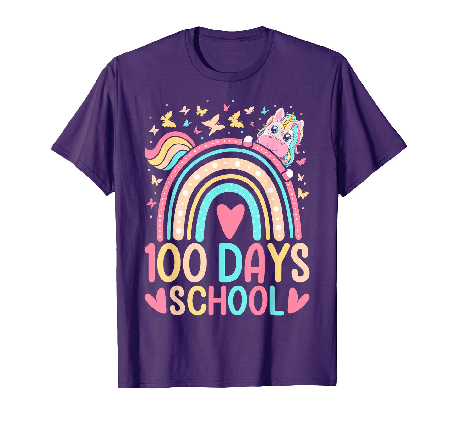 100 Days Of School Unicorn Rainbow Butterfly 100th Day Girls T-Shirt