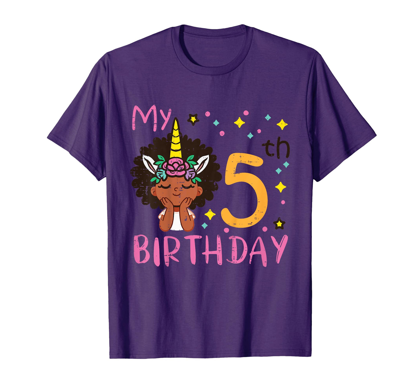 5th Birthday Afro Black Girl Unicorn 5 Year Old Bday Girls T-Shirt