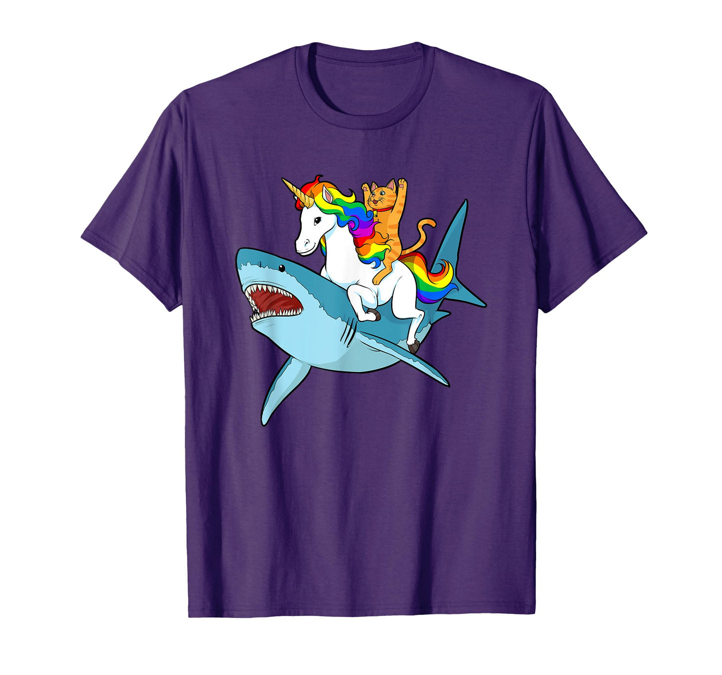 Cat Riding Unicorn Riding Shark Design T-Shirt
