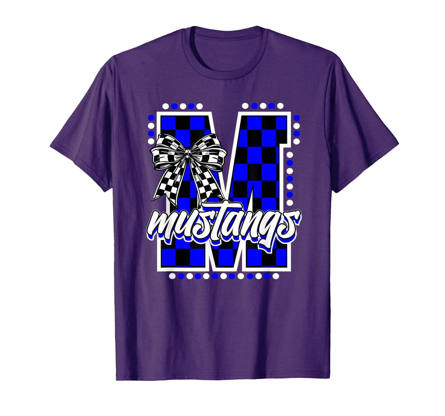 Blue Mustangs Checkered Print Coquette Bow School Mascot T-Shirt