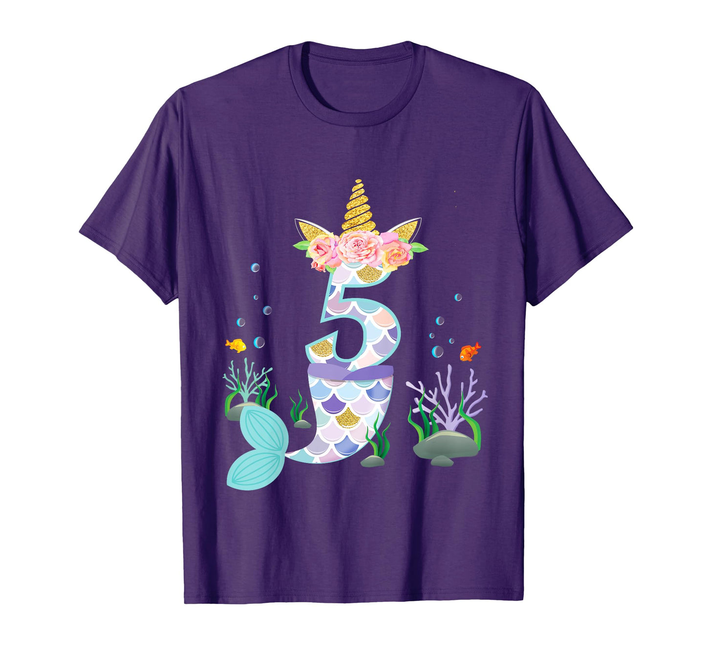 5 Year Old Unicorn Mermaid Birthday Theme Tail Girl 5th Gift T-Shirt