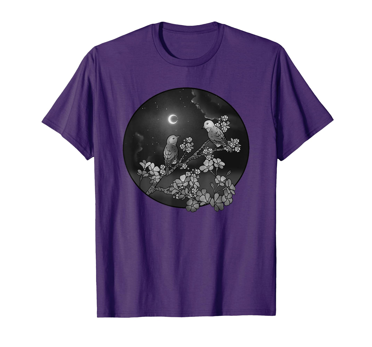 Blossoms Birds on Flowering Tree Starry Sky Crescent Moon T-Shirt