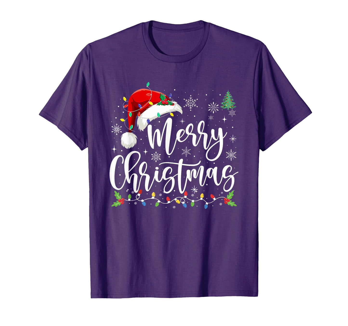Merry Christmas Lights Red Santa Hat Xmas Family Men Women T-Shirt