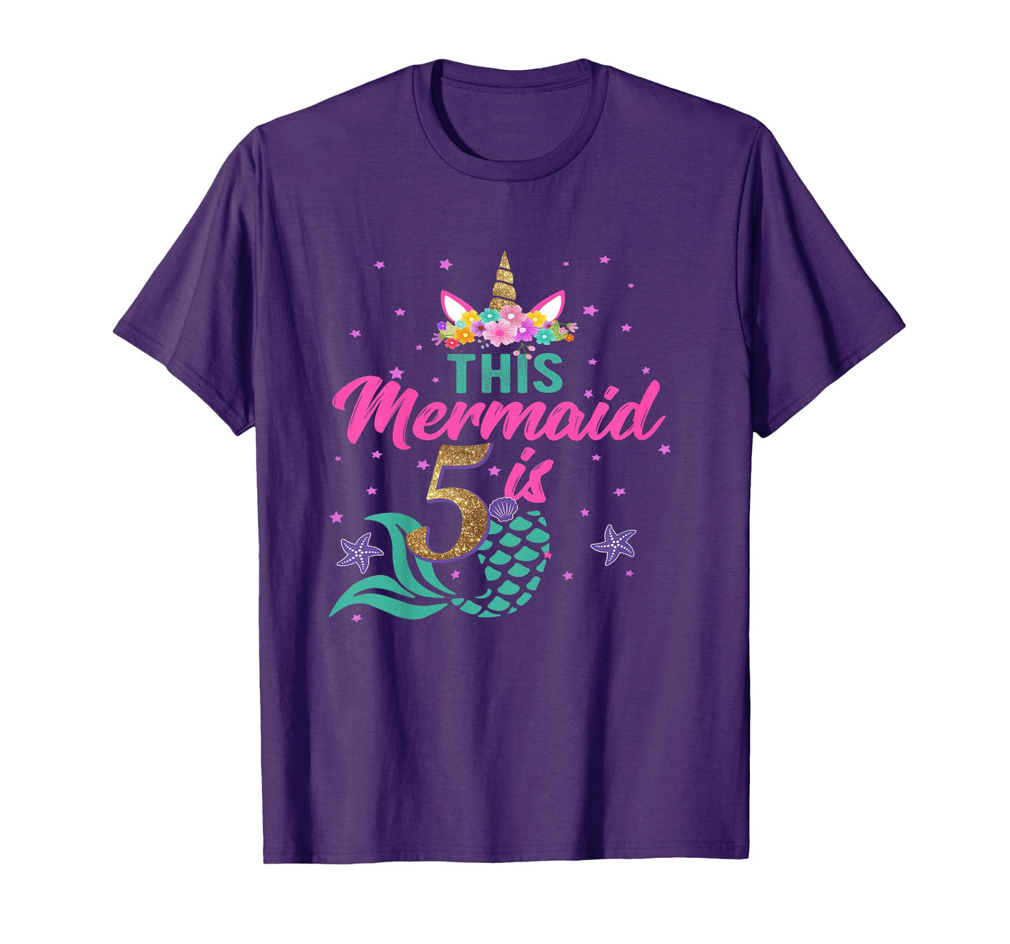 5th Birthday Girl Unicorn Shirt Mermaid Tail 5 Years Old T-Shirt