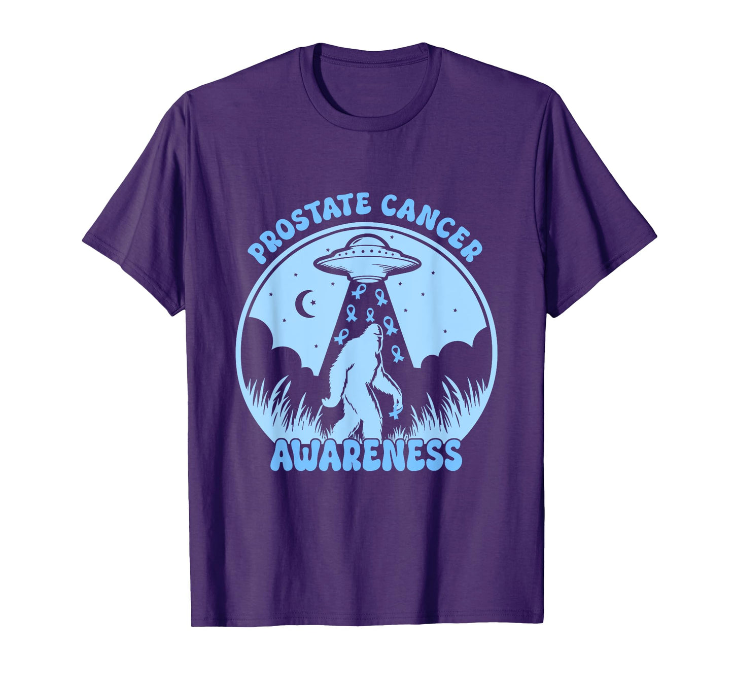 Prostate Cancer Awareness Funny Bigfoot UFO Blue Ribbon T-Shirt