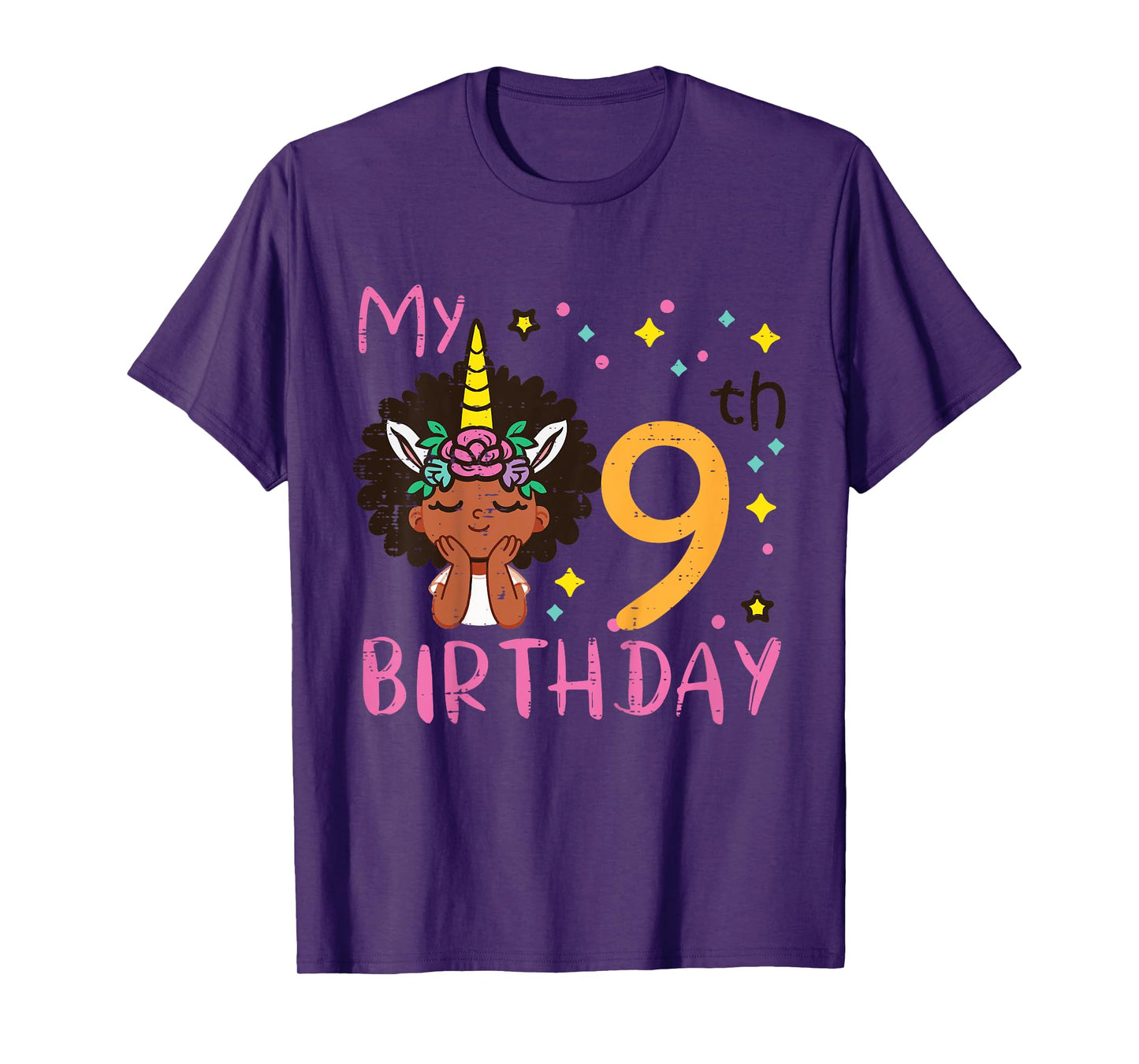 9th Birthday Afro Black Girl Unicorn 9 Year Old Bday Girls T-Shirt